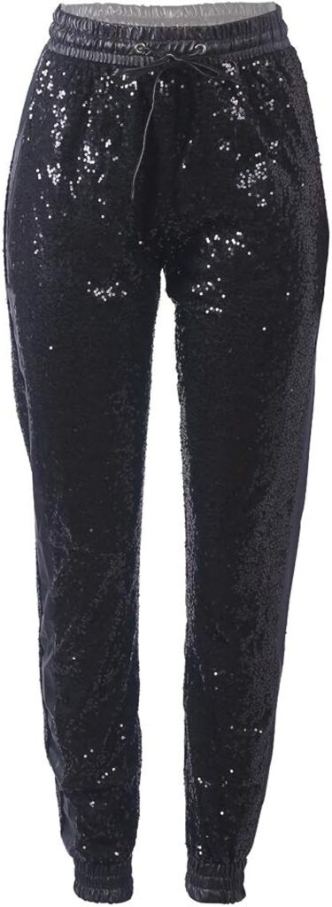 ALLUMK Womens Black Sequin Bling Legging Joggers Pencil Pants with Drawstring