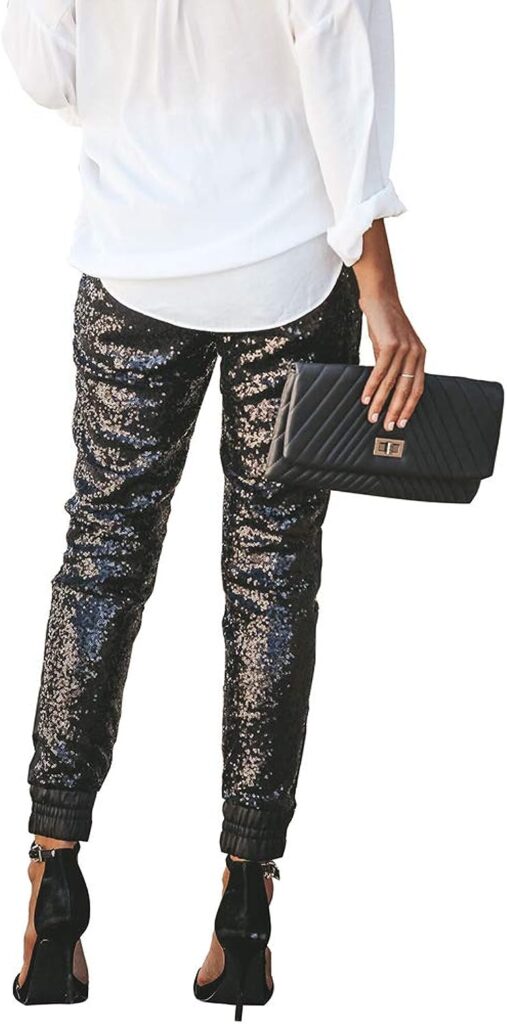 ALLUMK Womens Black Sequin Bling Legging Joggers Pencil Pants with Drawstring