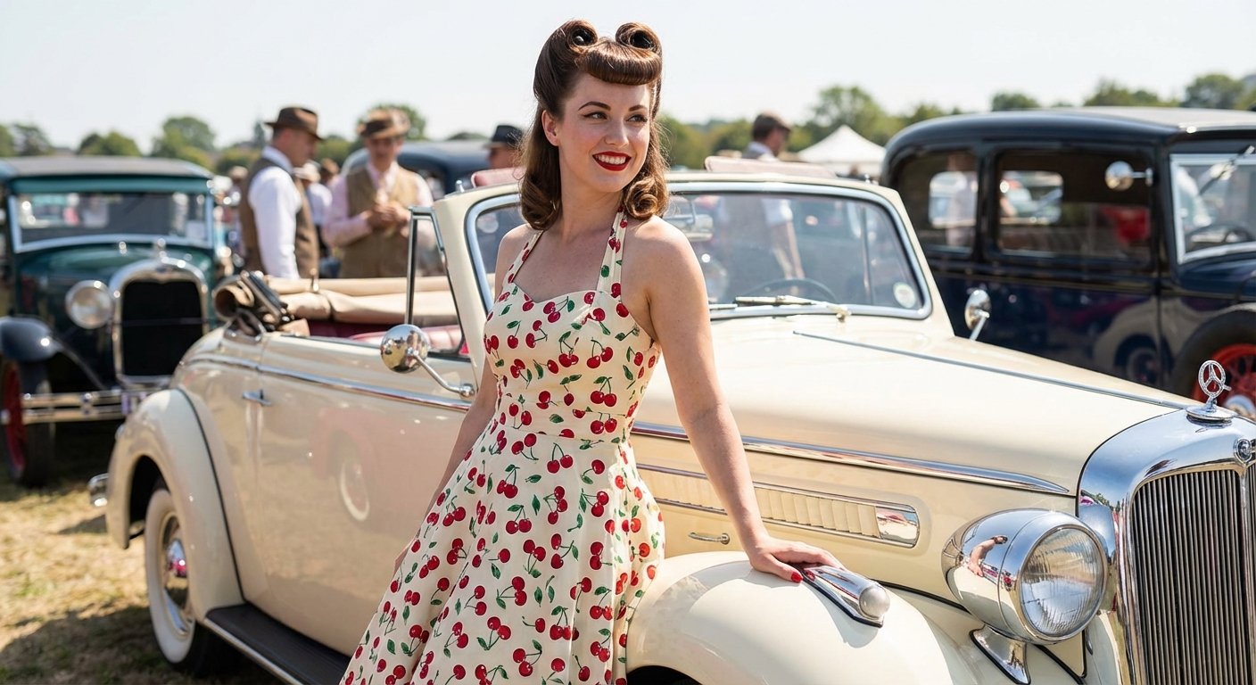 Rockabilly Rebel: Springtime Spins on Classic Cherry Prints & Car Show Outfits